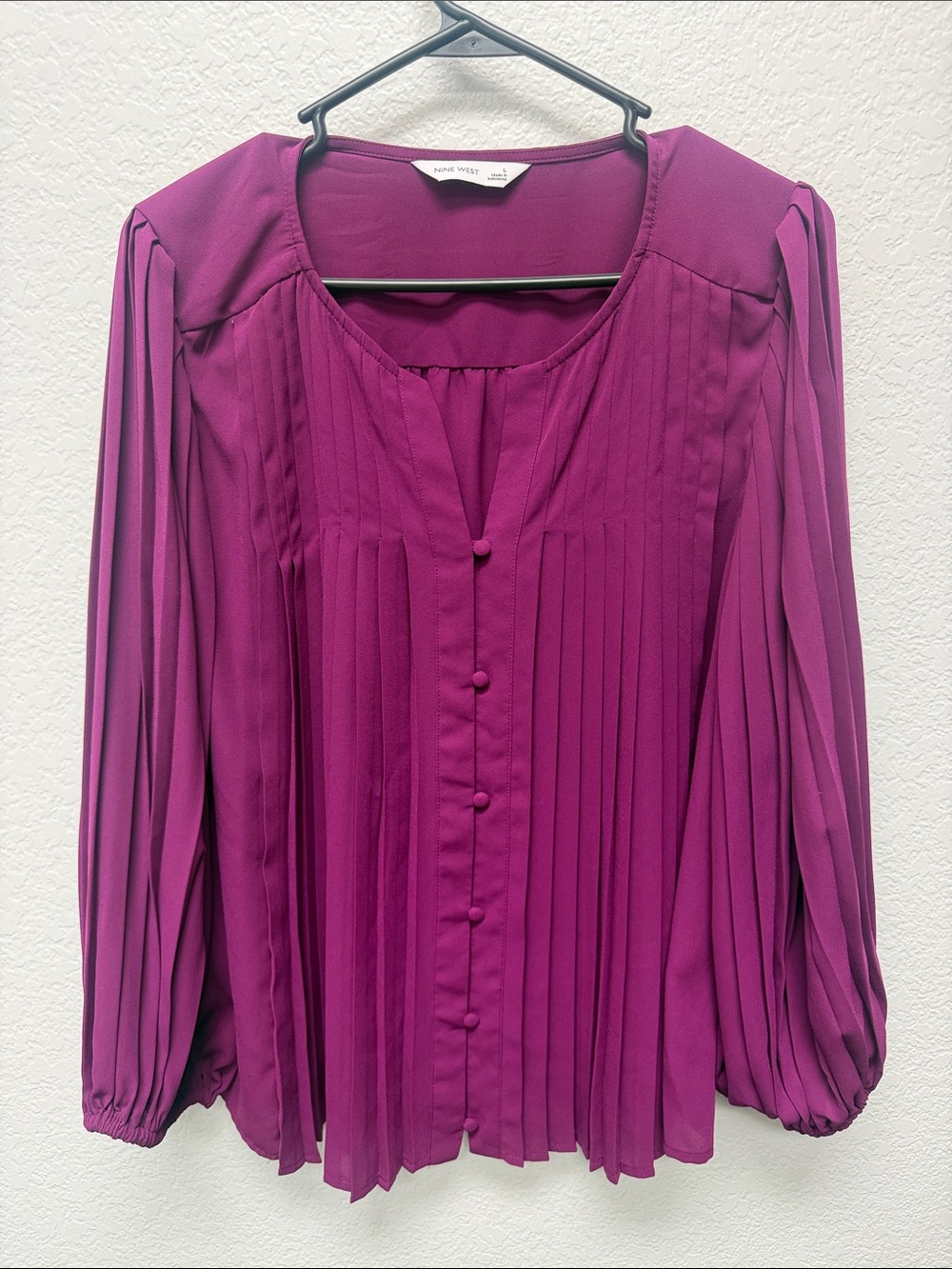 Nine West Magenta Pleated Button-Front Blouse